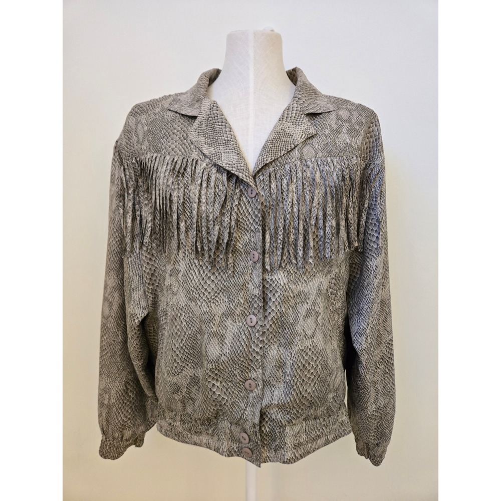 Vintage Silk Python Print Fringe Jacket Western Rodeo Blouse Top Medium